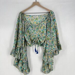 Karma Highway Crop Top Womens One Size Multicolor Floral Ruffle Bell Sleeve